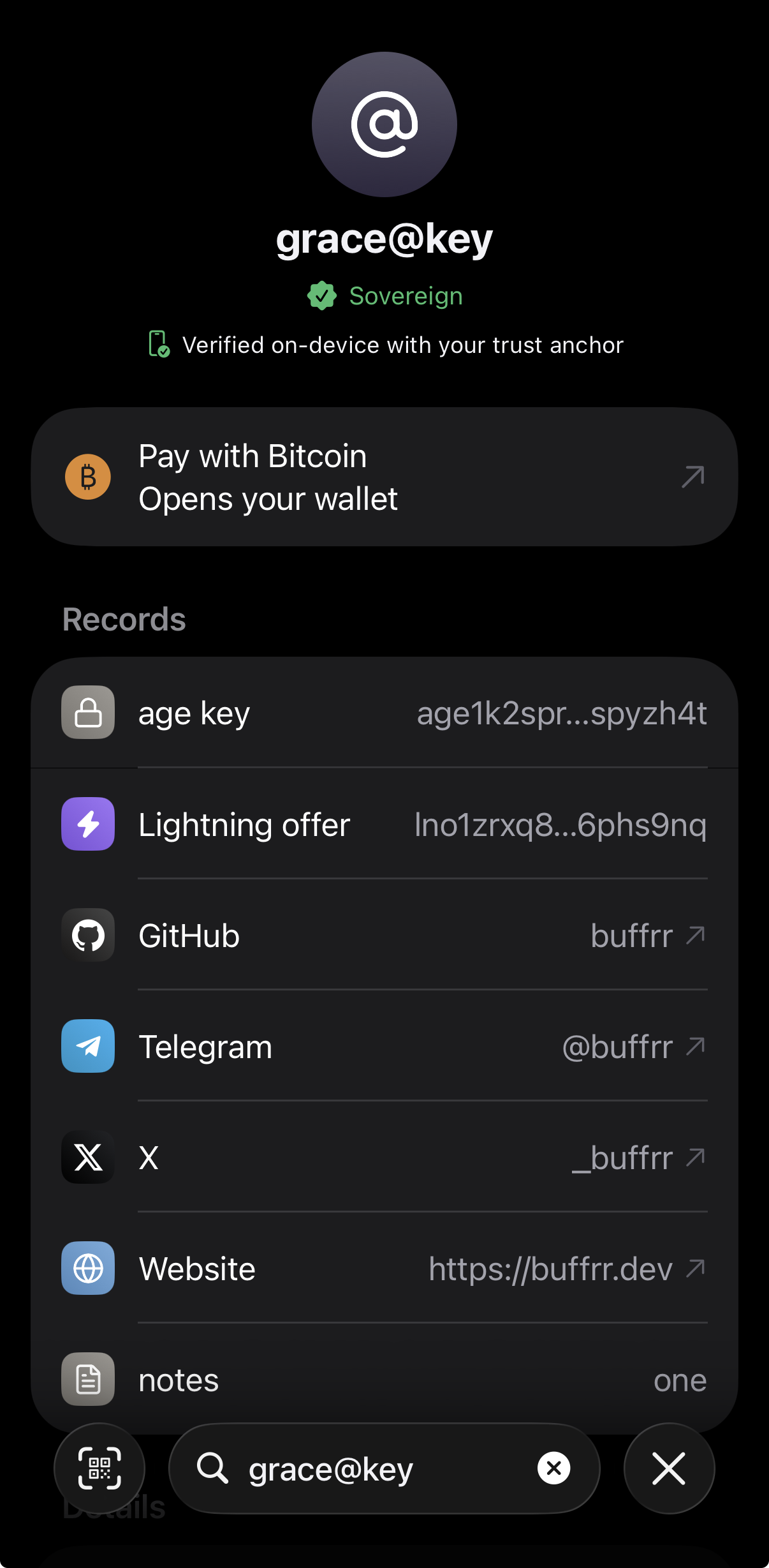 A handle resolved in Nacho, marked sovereign and verified on-device against the trust anchor, with its records listed below